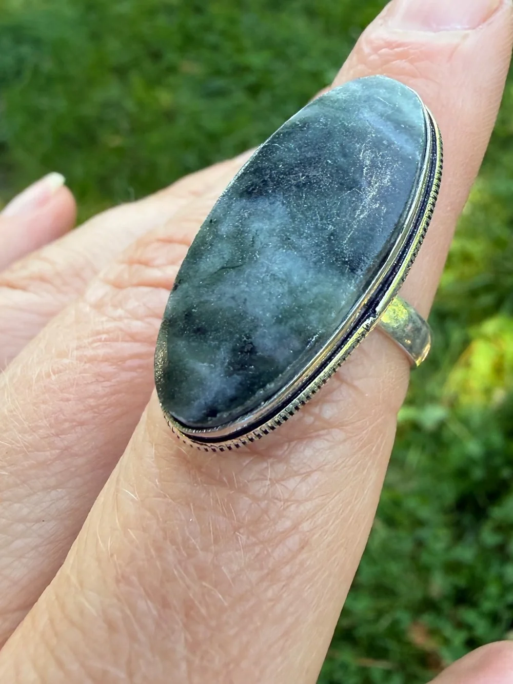 Genuine Moss Agate Green Stone Silver Ring 5.5